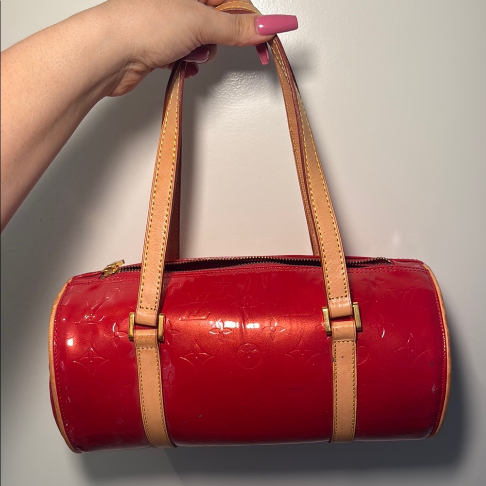 Louis Vuitton Red Barrel Shoulder Bag with Tan Straps